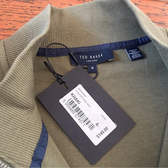 Ted Baker Antram Half Zip Funnel Neck Pullover Sweater in Khaki Green XXL NWT - Picture 9 of 11